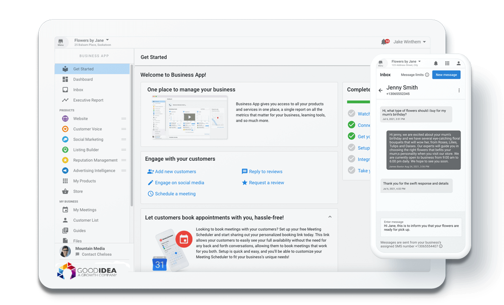 Tablet and mobile phone displaying Good Idea! Marketing automated business dashboard and AI conversational SMS text message.